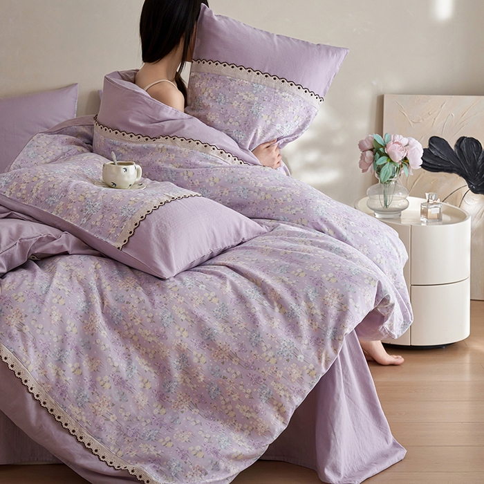 91家纺网 家纺一手货源 找家纺 安莱生活 2025新款全棉纯棉双层纱复古花边款四件套 慕荷