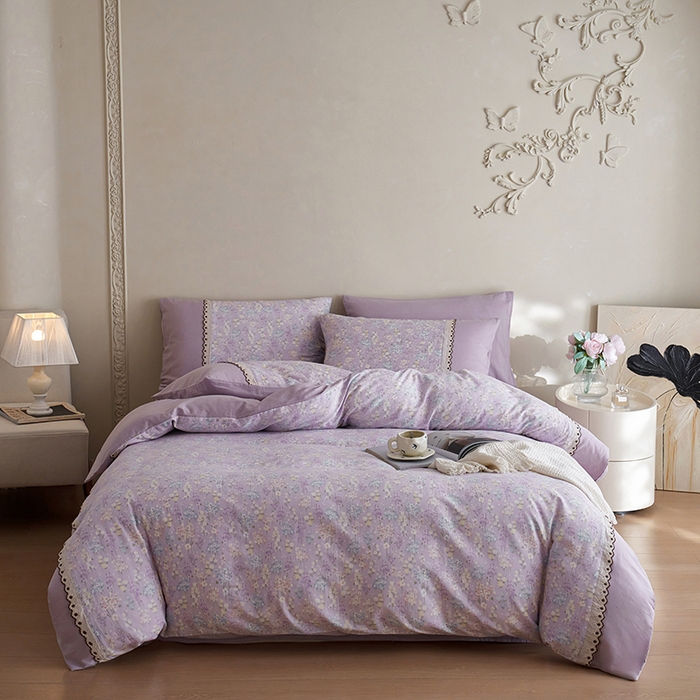 91家纺网 家纺一手货源 找家纺 安莱生活 2025新款全棉纯棉双层纱复古花边款四件套 慕荷