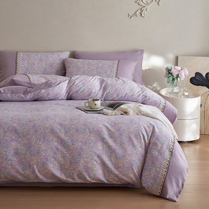 91家纺网 家纺一手货源 找家纺 安莱生活 2025新款全棉纯棉双层纱复古花边款四件套 慕荷