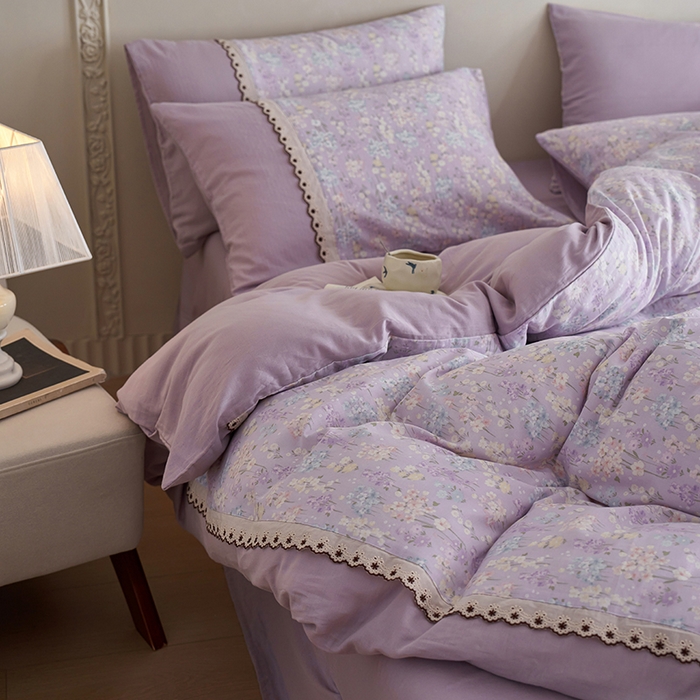 91家纺网 家纺一手货源 找家纺 安莱生活 2025新款全棉纯棉双层纱复古花边款四件套 慕荷