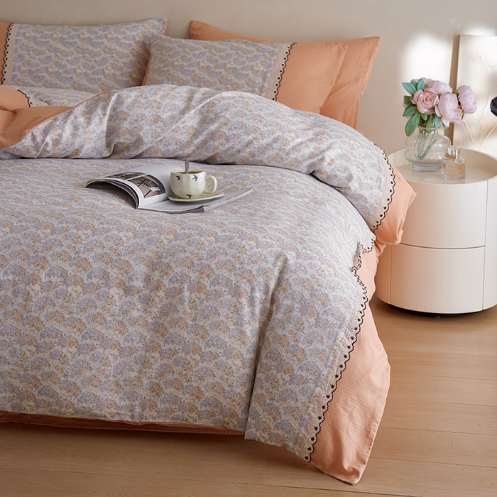 91家纺网 家纺一手货源 找家纺 安莱生活 2025新款全棉纯棉双层纱复古花边款四件套 忘忧