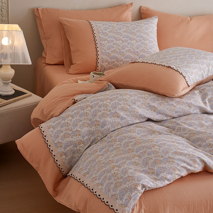 91家纺网 家纺一手货源 找家纺 安莱生活 2025新款全棉纯棉双层纱复古花边款四件套 忘忧