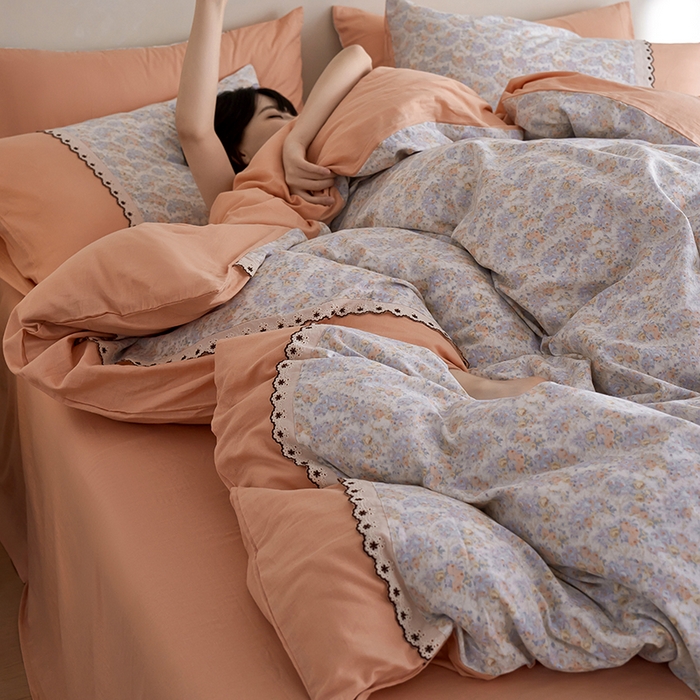 91家纺网 家纺一手货源 找家纺 安莱生活 2025新款全棉纯棉双层纱复古花边款四件套 忘忧