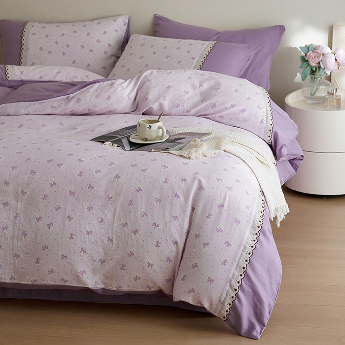 91家纺网 家纺一手货源 找家纺 安莱生活 2025新款全棉纯棉双层纱复古花边款四件套 夏日