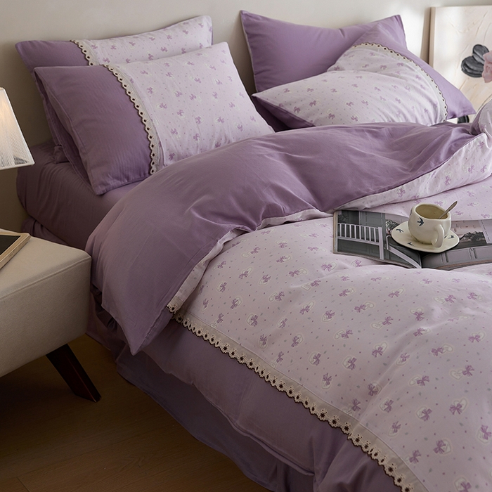 91家纺网 家纺一手货源 找家纺 安莱生活 2025新款全棉纯棉双层纱复古花边款四件套 夏日