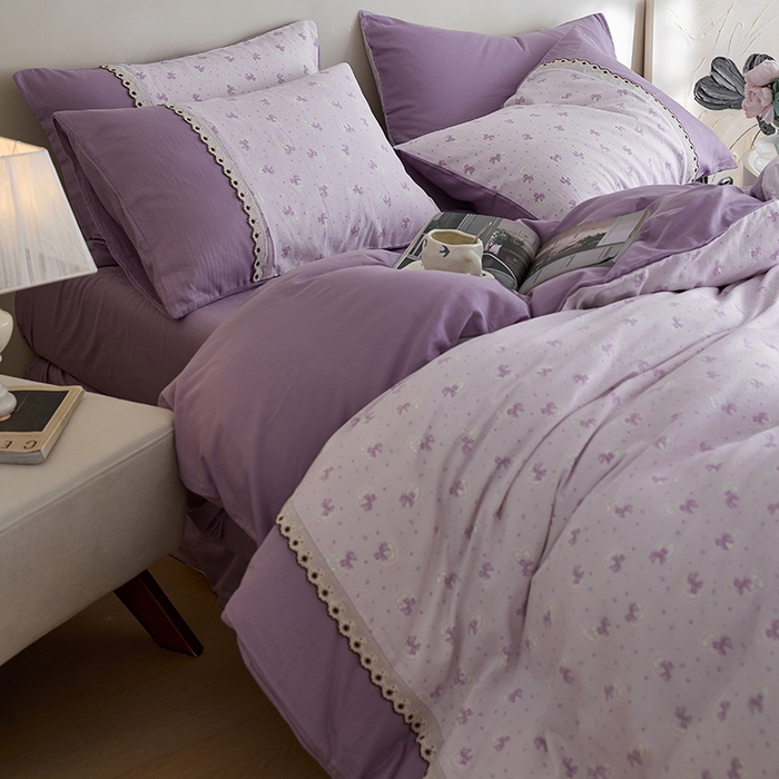 91家纺网 家纺一手货源 找家纺 安莱生活 2025新款全棉纯棉双层纱复古花边款四件套 夏日