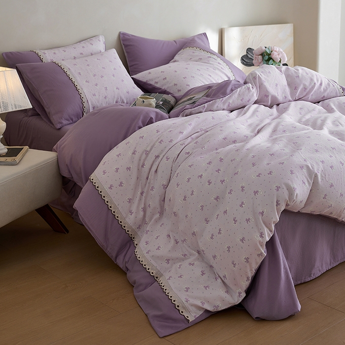 91家纺网 家纺一手货源 找家纺 安莱生活 2025新款全棉纯棉双层纱复古花边款四件套 夏日