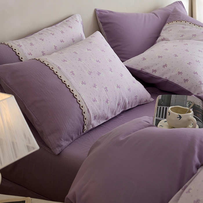 91家纺网 家纺一手货源 找家纺 安莱生活 2025新款全棉纯棉双层纱复古花边款四件套 夏日