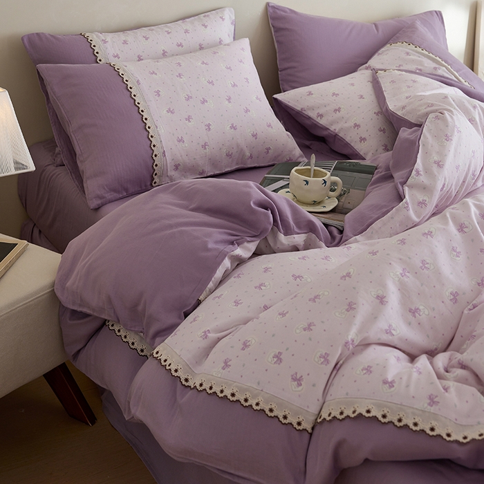 91家纺网 家纺一手货源 找家纺 安莱生活 2025新款全棉纯棉双层纱复古花边款四件套 夏日