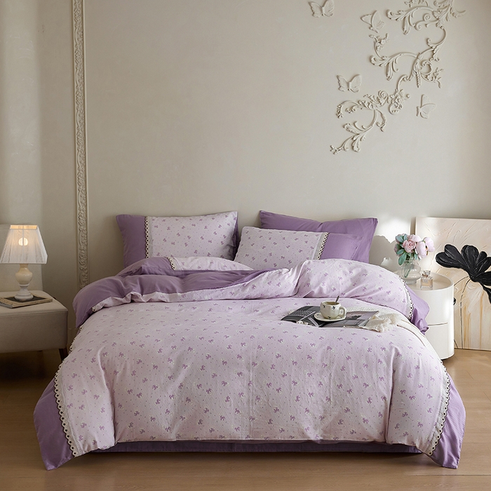 91家纺网 家纺一手货源 找家纺 安莱生活 2025新款全棉纯棉双层纱复古花边款四件套 夏日