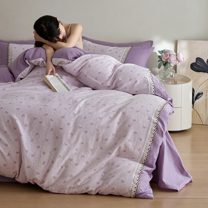 91家纺网 家纺一手货源 找家纺 安莱生活 2025新款全棉纯棉双层纱复古花边款四件套 夏日