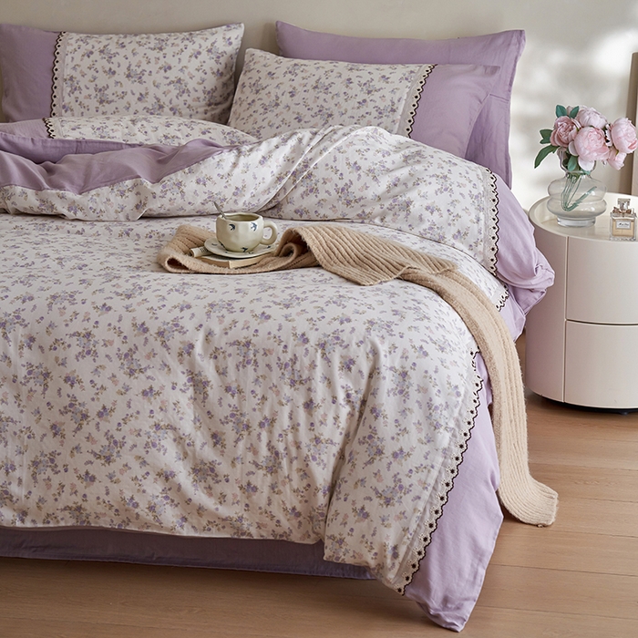 91家纺网 家纺一手货源 找家纺 安莱生活 2025新款全棉纯棉双层纱复古花边款四件套 香菱