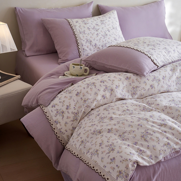 91家纺网 家纺一手货源 找家纺 安莱生活 2025新款全棉纯棉双层纱复古花边款四件套 香菱