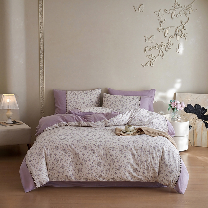 91家纺网 家纺一手货源 找家纺 安莱生活 2025新款全棉纯棉双层纱复古花边款四件套 香菱