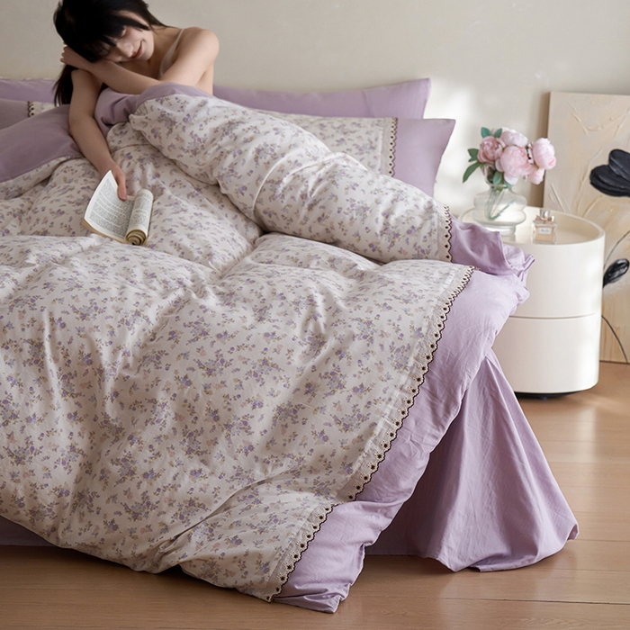 91家纺网 家纺一手货源 找家纺 安莱生活 2025新款全棉纯棉双层纱复古花边款四件套 香菱