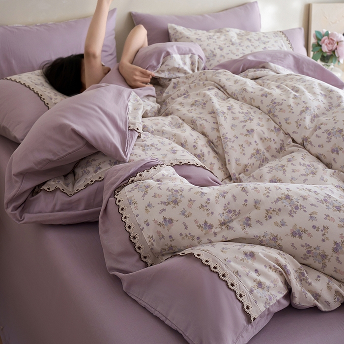 91家纺网 家纺一手货源 找家纺 安莱生活 2025新款全棉纯棉双层纱复古花边款四件套 香菱