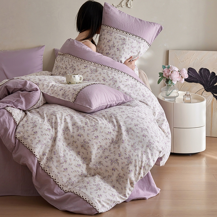 91家纺网 家纺一手货源 找家纺 安莱生活 2025新款全棉纯棉双层纱复古花边款四件套 香菱