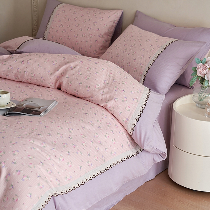 91家纺网 家纺一手货源 找家纺 安莱生活 2025新款全棉纯棉双层纱复古花边款四件套 罗蔓