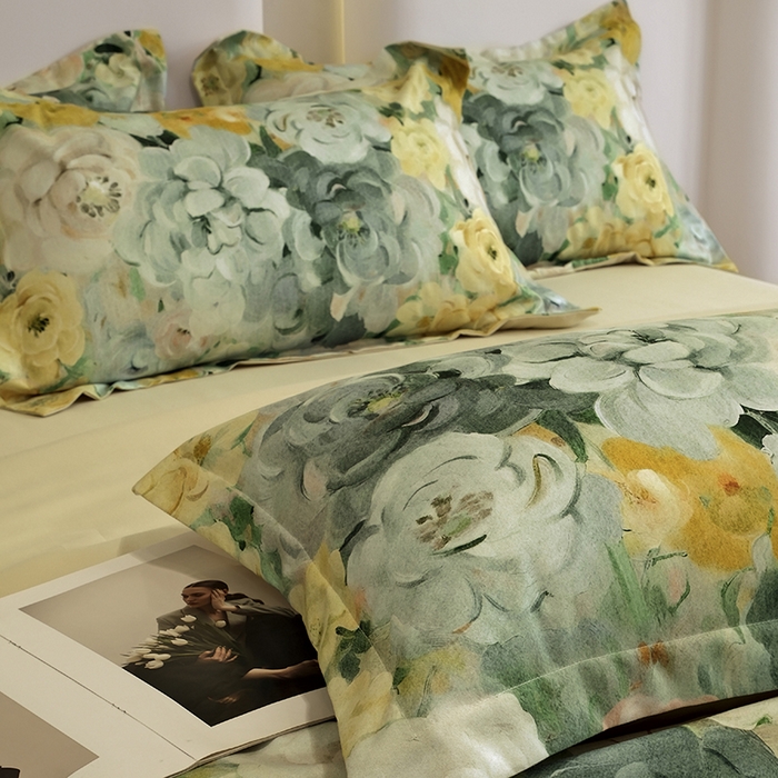 91家纺网 家纺一手货源 找家纺 典雅家纺 2025新款艾阳暖棉印花四件套 花海-抹茶绿