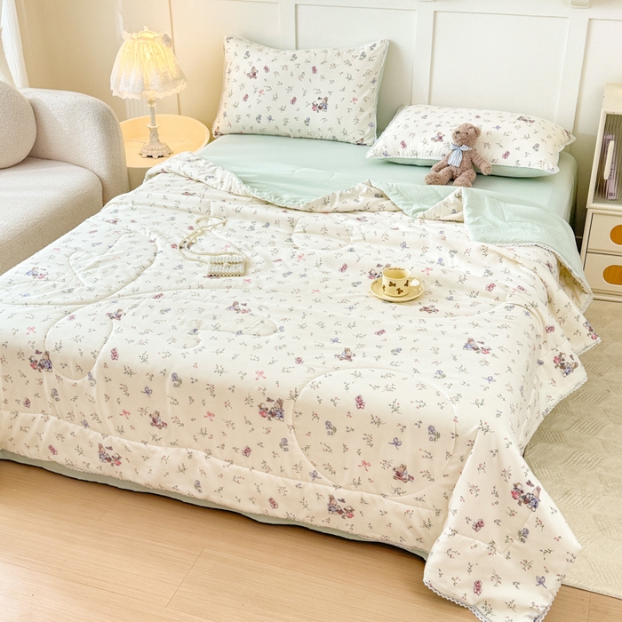 91家纺网 家纺一手货源 找家纺 仁凯家纺 2025新款A类针织棉双层纱100%新疆棉花花边夏凉被四件套（包检测）（提供买家秀） 花海