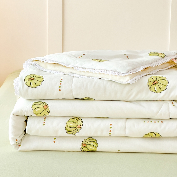 91家纺网 家纺一手货源 找家纺 仁凯家纺 2025新款A类针织棉双层纱100%新疆棉花花边夏凉被四件套（包检测）（提供买家秀） 倾心南瓜