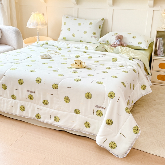 91家纺网 家纺一手货源 找家纺 仁凯家纺 2025新款A类针织棉双层纱100%新疆棉花花边夏凉被四件套（包检测）（提供买家秀） 倾心南瓜