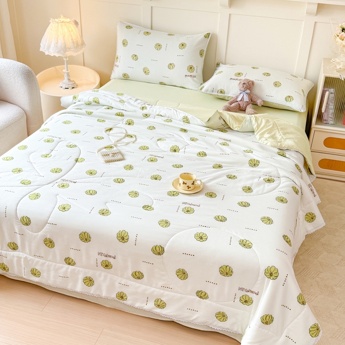 91家纺网 家纺一手货源 找家纺 仁凯家纺 2025新款A类针织棉双层纱100%新疆棉花花边夏凉被四件套（包检测）（提供买家秀） 倾心南瓜