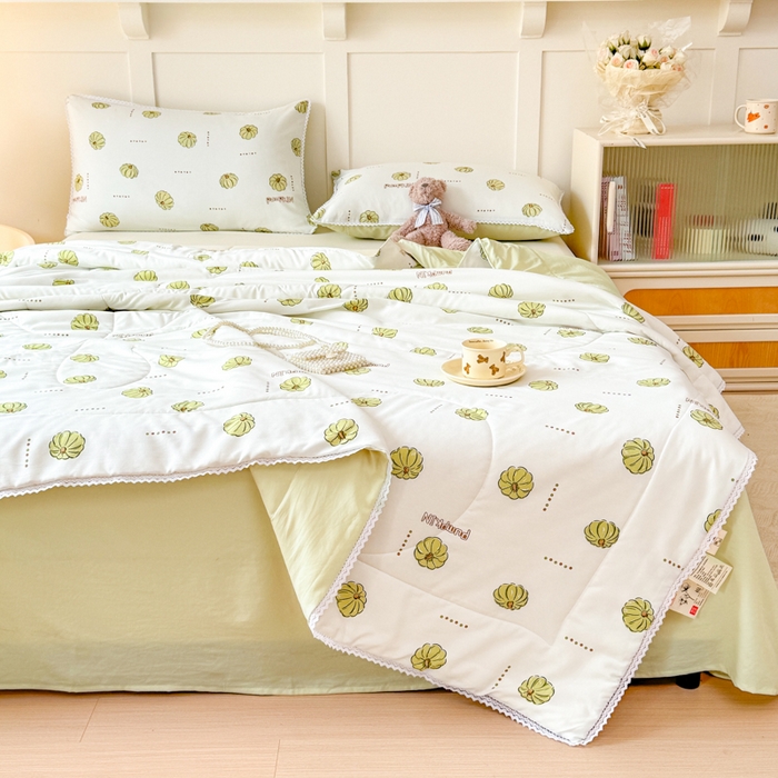 91家纺网 家纺一手货源 找家纺 仁凯家纺 2025新款A类针织棉双层纱100%新疆棉花花边夏凉被四件套（包检测）（提供买家秀） 倾心南瓜