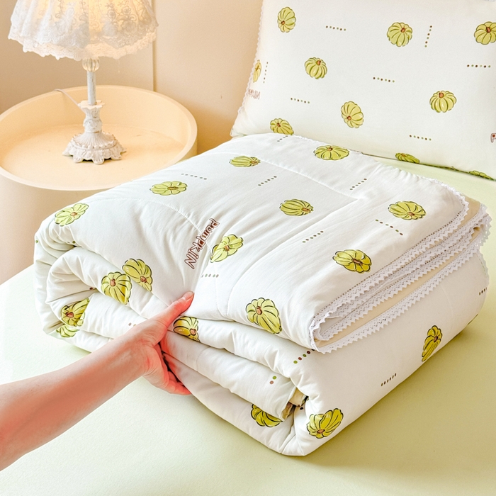 91家纺网 家纺一手货源 找家纺 仁凯家纺 2025新款A类针织棉双层纱100%新疆棉花花边夏凉被四件套（包检测）（提供买家秀） 倾心南瓜