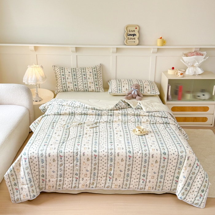 91家纺网 家纺一手货源 找家纺 仁凯家纺 2025新款A类针织棉双层纱100%新疆棉花花边夏凉被四件套（包检测）（提供买家秀） 盛夏