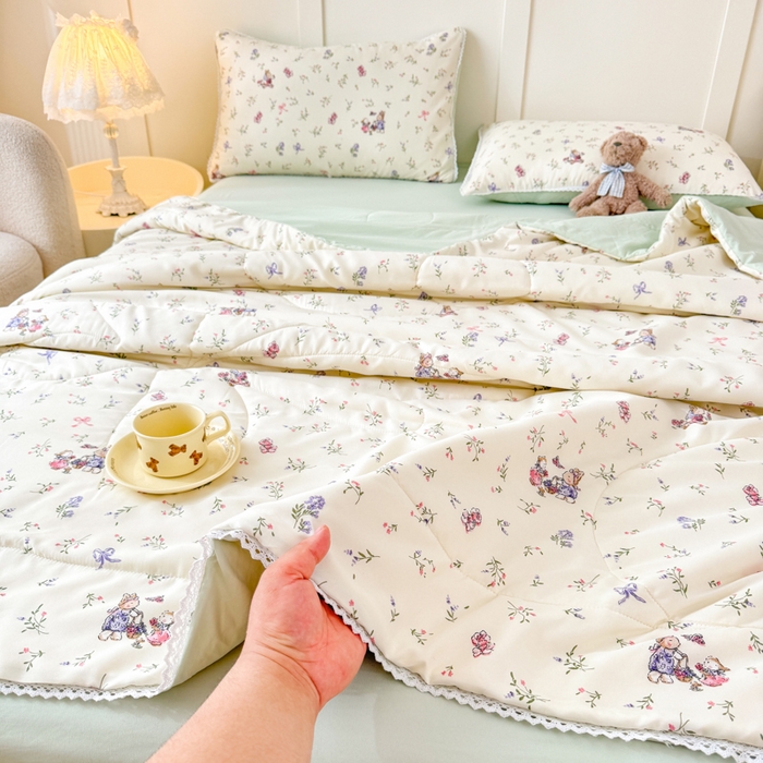 91家纺网 家纺一手货源 找家纺 仁凯家纺 2025新款A类针织棉双层纱100%新疆棉花花边夏凉被（包检测）（提供买家秀） 花海