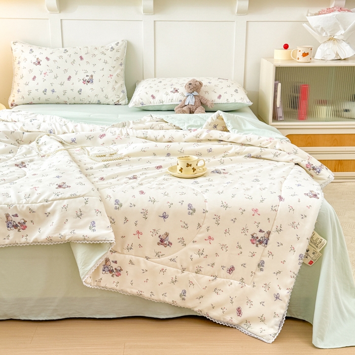 91家纺网 家纺一手货源 找家纺 仁凯家纺 2025新款A类针织棉双层纱100%新疆棉花花边夏凉被（包检测）（提供买家秀） 花海