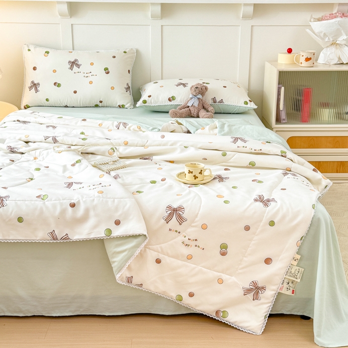 91家纺网 家纺一手货源 找家纺 仁凯家纺 2025新款A类针织棉双层纱100%新疆棉花花边夏凉被（包检测）（提供买家秀） 咖色蝴蝶结