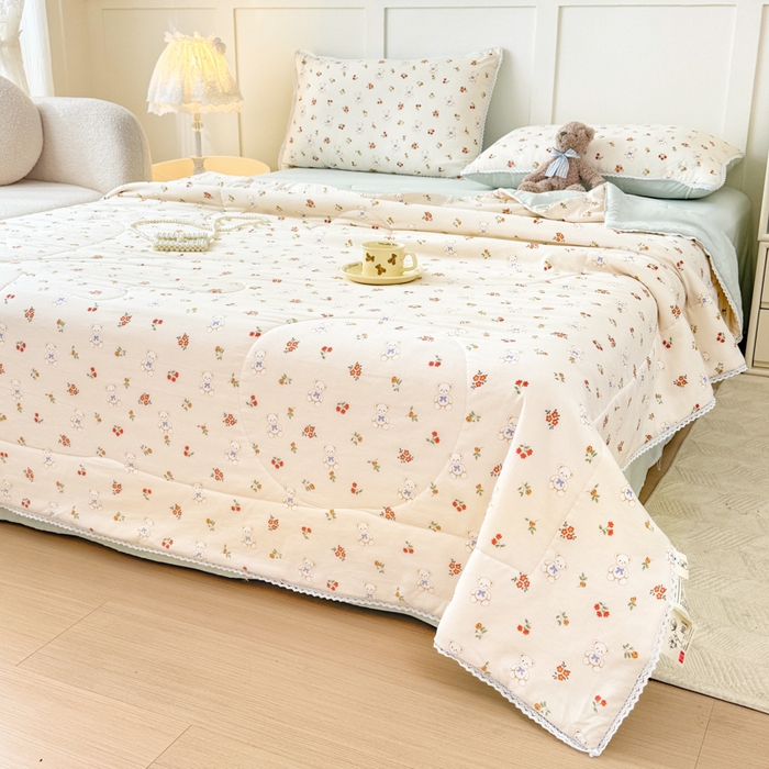 91家纺网 家纺一手货源 找家纺 仁凯家纺 2025新款A类针织棉双层纱100%新疆棉花花边夏凉被（包检测）（提供买家秀） 可爱熊