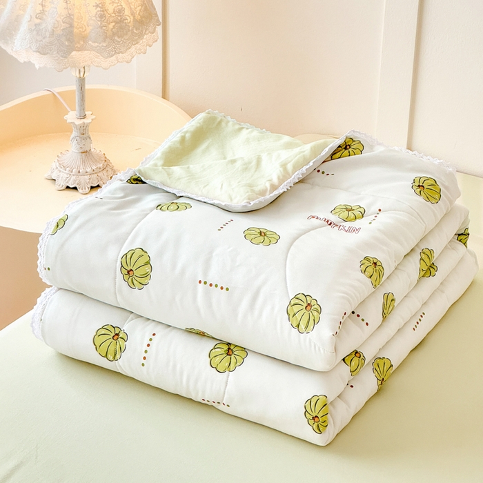 91家纺网 家纺一手货源 找家纺 仁凯家纺 2025新款A类针织棉双层纱100%新疆棉花花边夏凉被（包检测）（提供买家秀） 倾心南瓜