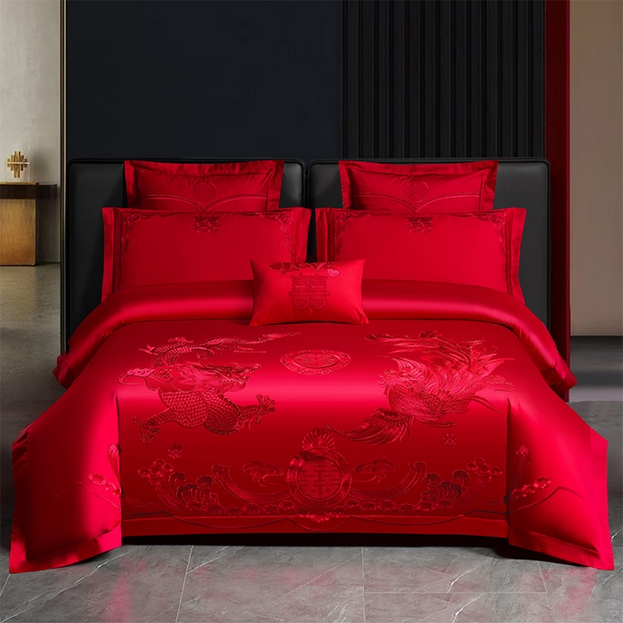 91家纺网 家纺一手货源 找家纺 洽想家 2025新款全棉刺绣婚庆四件套多件套（控价销售最低不低于288元） 龙凤瑞彩（本线绣）