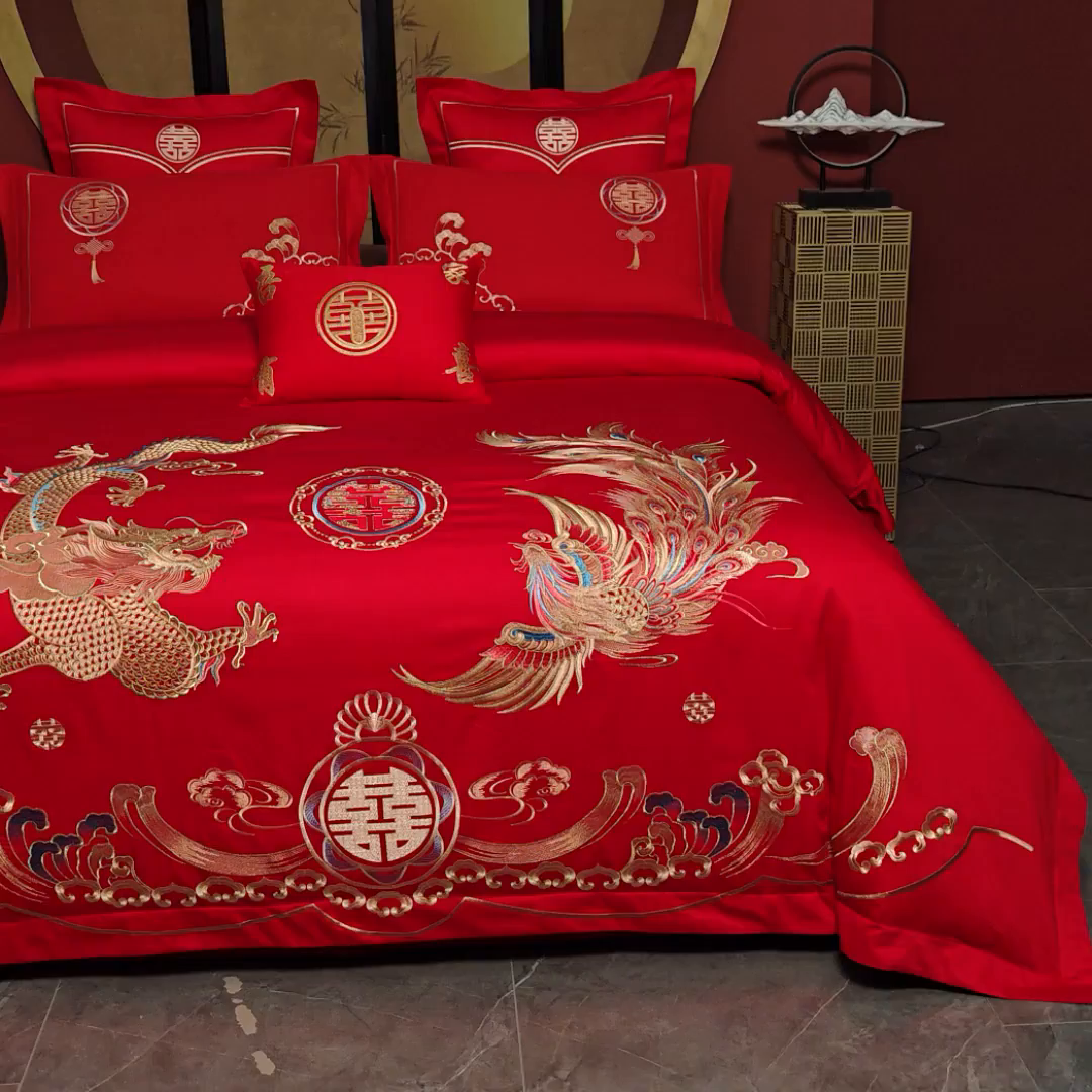 91家纺网 家纺一手货源 找家纺 洽想家 2025新款全棉刺绣婚庆四件套多件套（控价销售最低不低于288元） 龙凤瑞彩