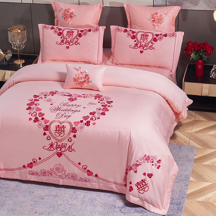 91家纺网 家纺一手货源 找家纺 洽想家 2025新款全棉刺绣粉玉色婚庆四件套多件套（控价销售最低不低于288元） 永结同心-玉粉
