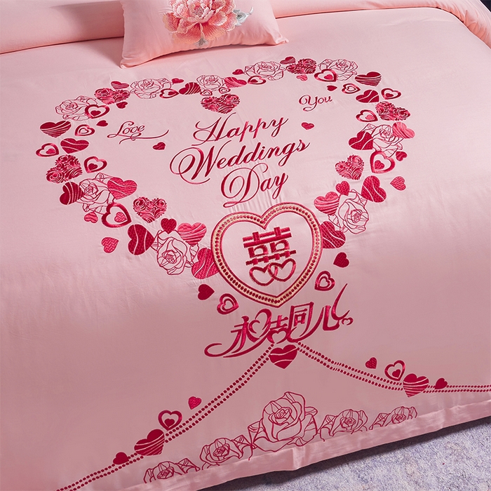 91家纺网 家纺一手货源 找家纺 洽想家 2025新款全棉刺绣粉玉色婚庆四件套多件套（控价销售最低不低于288元） 永结同心-玉粉