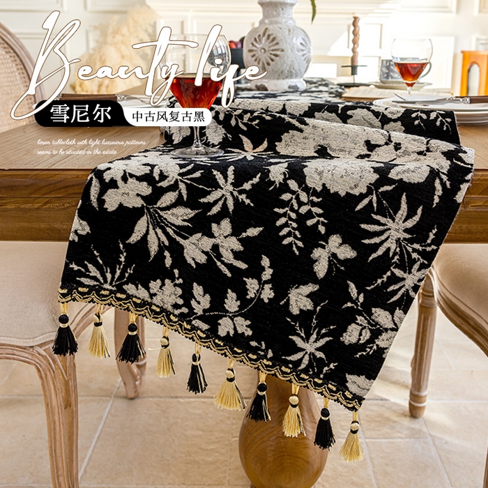 91家纺网 家纺一手货源 找家纺 （总）南通大梧纺织 2025新款雪尼尔提花织带吊穗满园桌旗 定制：15*长+9元