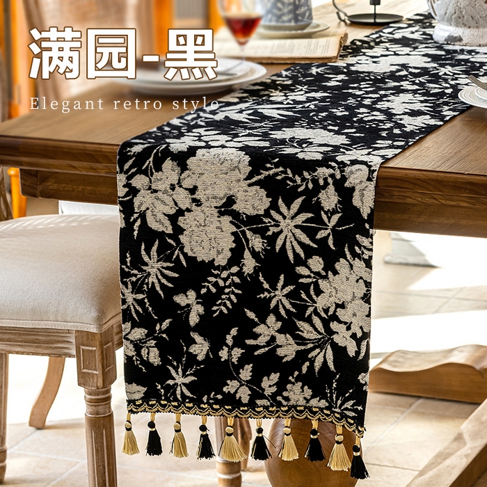 南通大梧紡織 2025新款雪尼爾提花織帶吊穗滿園桌旗 定制：15*長(zhǎng)+9元 滿園 黑