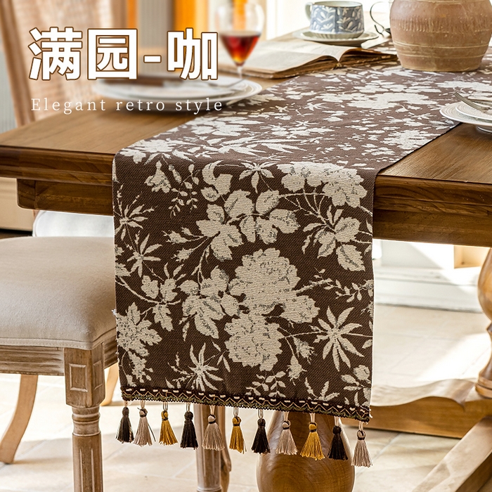 南通大梧紡織 2025新款雪尼爾提花織帶吊穗滿園桌旗 定制：15*長(zhǎng)+9元 滿園-咖