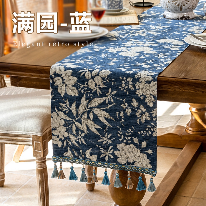 南通大梧紡織 2025新款雪尼爾提花織帶吊穗滿園桌旗 定制：15*長(zhǎng)+9元 滿園-藍(lán)