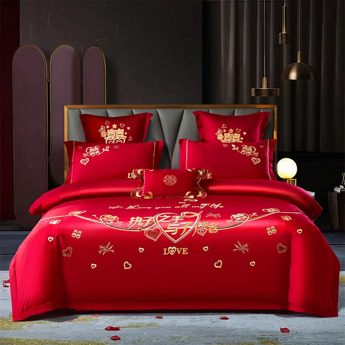 91家纺网 家纺一手货源 找家纺 洽想家 2025新款亲肤棉磨毛刺绣婚庆四件套多件套 执子之手（磨毛款）