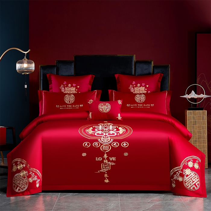 91家纺网 家纺一手货源 找家纺 洽想家 2025新款亲肤棉磨毛刺绣婚庆四件套多件套 天作之合（磨毛款）