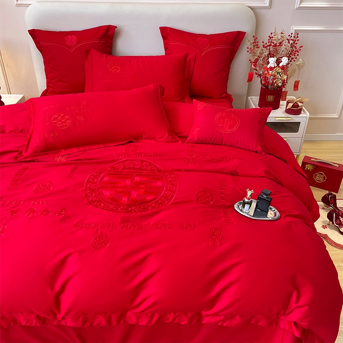 91家纺网 家纺一手货源 找家纺 洽想家 2025新款磨毛婚庆四件套多件套 良辰喜事（本色线）