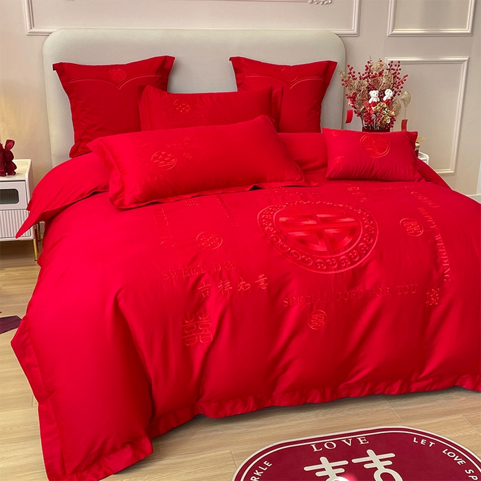 91家纺网 家纺一手货源 找家纺 洽想家 2025新款磨毛婚庆四件套多件套 良辰喜事（本色线）