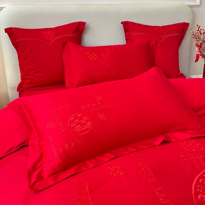 91家纺网 家纺一手货源 找家纺 洽想家 2025新款磨毛婚庆四件套多件套 良辰喜事（本色线）