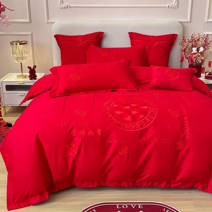 91家纺网 家纺一手货源 找家纺 洽想家 2025新款磨毛婚庆四件套多件套 良辰喜事（本色线）