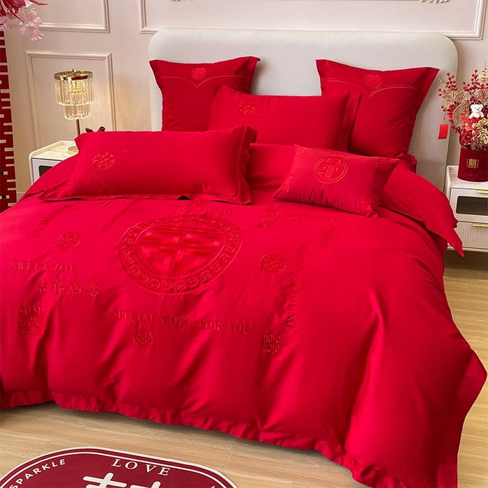 91家纺网 家纺一手货源 找家纺 洽想家 2025新款磨毛婚庆四件套多件套 良辰喜事（本色线）